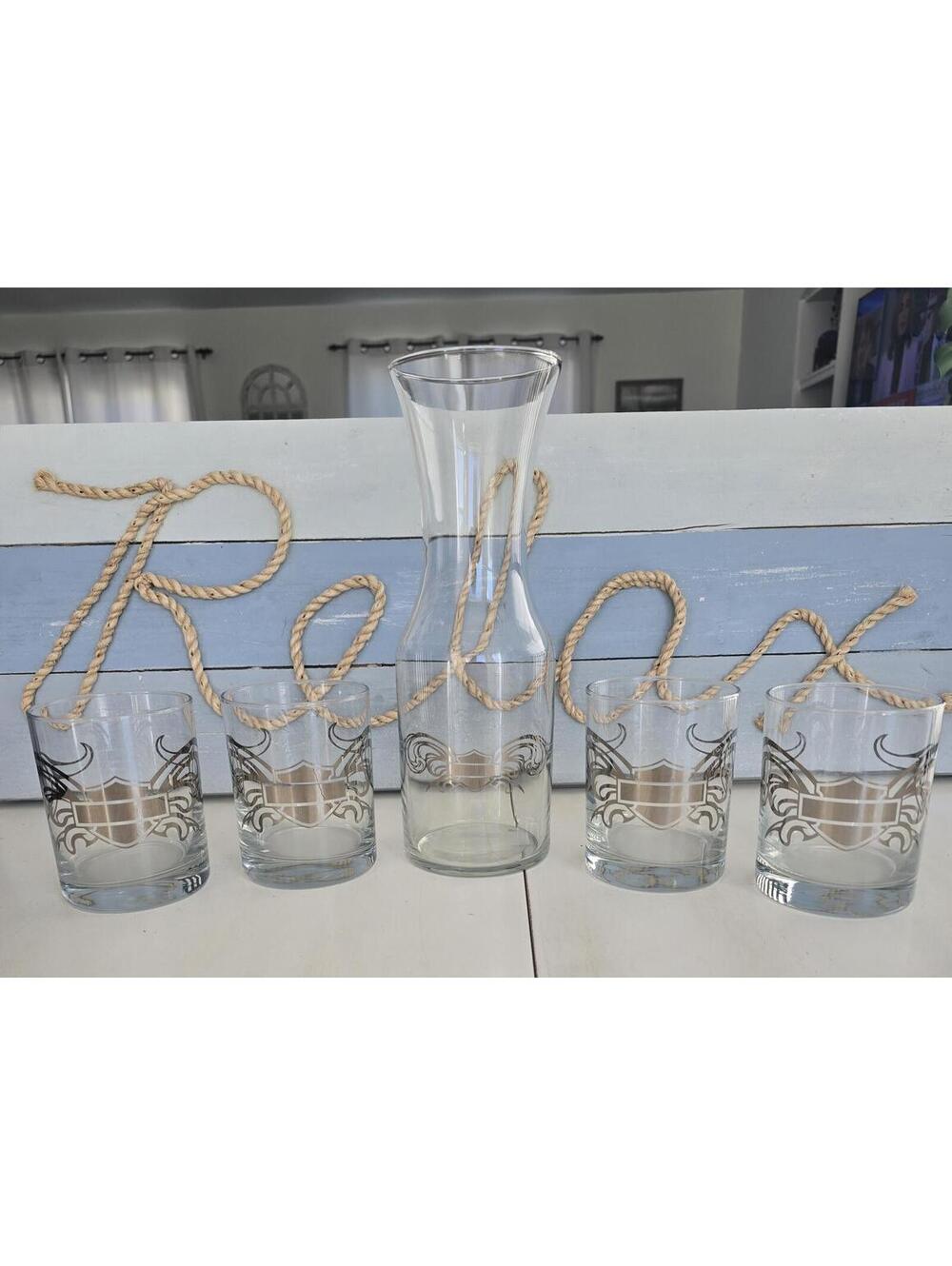 Harley Davidson Open Bar & Shield Decanter Set w/ 4 Glasses